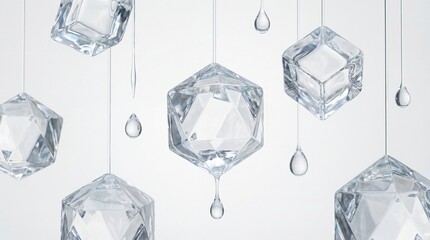 Transparent geometric crystal shapes hanging with water droplets on strings against white background