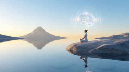 Person meditating on a rock by a serene lake with a mountain reflection and glowing brain above