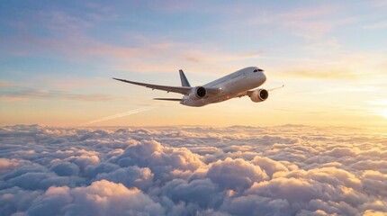 A commercial airplane flying above a sea of clouds during a vibrant sunset with warm hues and soft light