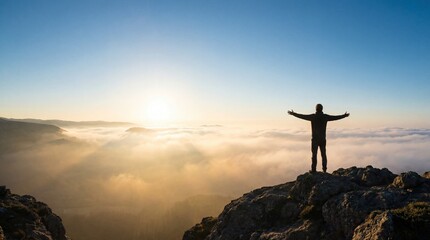 Person standing on rocky cliff with arms outstretched overlooking a sea of clouds at sunrise