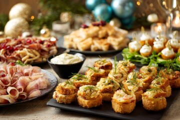 Festive gourmet appetizers arranged on a white platter, featuring colorful toppings and garnishes, surrounded by holiday decorations for seasonal celebrations.