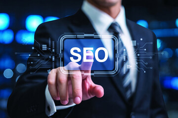 Seo digital marketing interface with a businessman pointing at glowing circuit elements