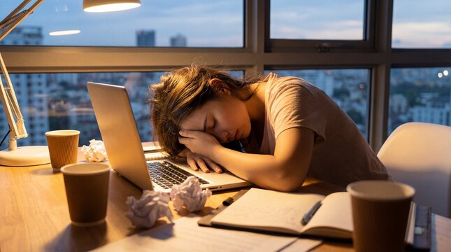 Person resting head on laptop keyboard at desk with city view and coffee cups during evening