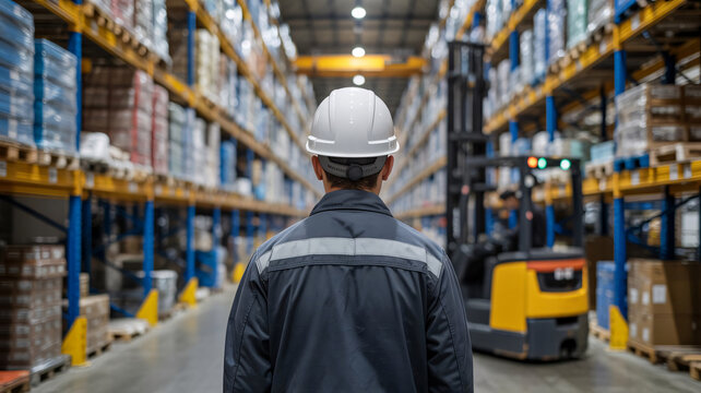 Industrial warehouse worker operating a forklift with safety gear in a logistics storage facility - Powered by Adobe