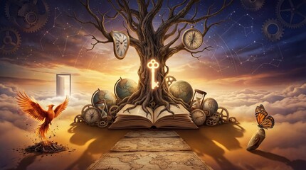 Mystical tree with clocks, globes, and gears growing from an open book at sunset with a phoenix and butterfly