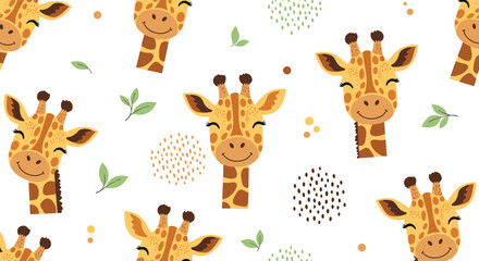 Fototapeta premium Cute smiling giraffes with leafy green accents on a white background.