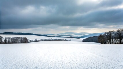 Obraz premium Snow covered winter field with distant hills under cloudy sky 