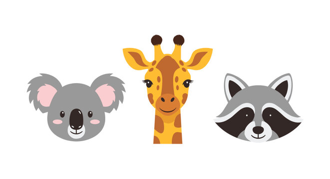 A cute cartoon illustration of three animal faces including a koala a giraffe and a raccoon.