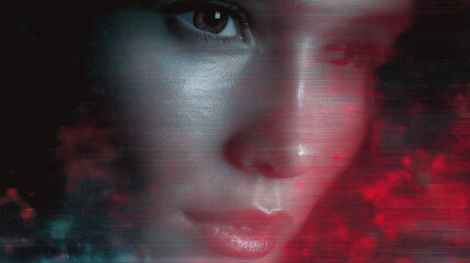 Cyberpunk portrait, digital glitch, close up, female, neon mood with mysterious vibe