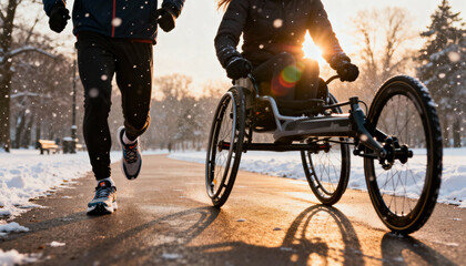 Disabled female athlete with amputated legs in professional racing wheelchair jogging with her male partner in snowy park at sunset during cold winter day