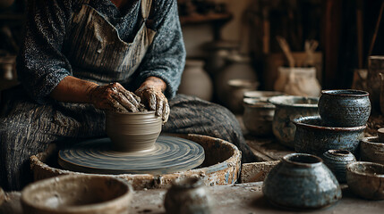 woman shaping clay pot in pottery workshop, artisan ceramic craft handmade process natural light creativity and cultural heritage