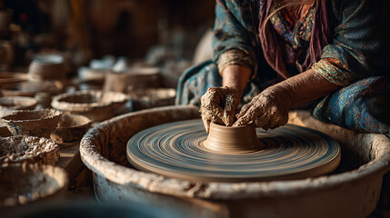 woman shaping clay pot in pottery workshop, artisan ceramic craft handmade process natural light creativity and cultural heritage