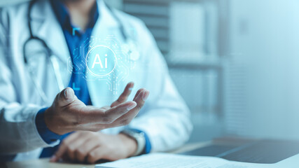 healthcare, ai, artificial intelligence, A doctor holding a holographic AI interface symbolizing the use of artificial intelligence in healthcare, medical diagnosis, and patient treatment innovation.