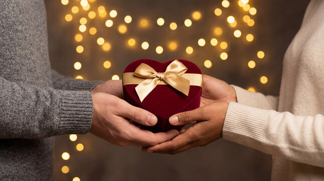 Interracial couple holding a heart-shaped gift box with blurred background of bokeh lights, close-up of the hands - Powered by Adobe