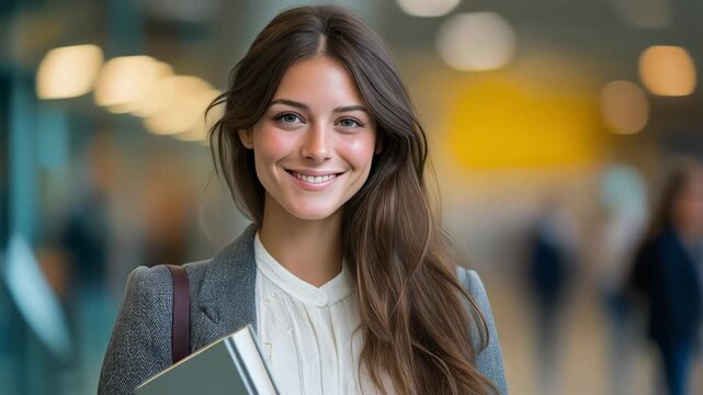 Young woman with a book smiling in a modern, bright environment, perfect for lifestyle and education themes