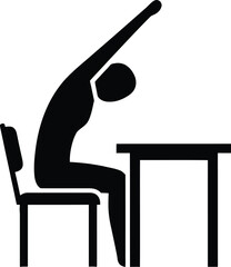 Silhouette icon of a person sitting at a desk stretching their side and raising one arm high above their head for office exercise