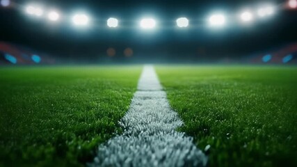 Vibrant football field at night with illuminated line and blurred background lights for sports imagery