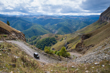 Fototapeta premium Caucasus Mountains. Mountain Journey to the northern Elbrus region. A beautiful mountain plateau, Bermamyt, not far from the city of Essentuki. 