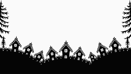 Naklejka premium Charming village silhouette with whimsical houses and trees, perfect for holiday crafting, spooky season designs, and fairytale themed projects
