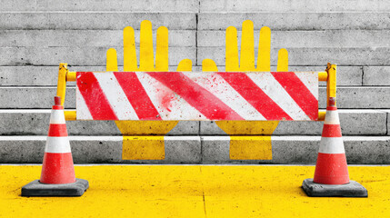 Yellow hands painted on concrete stairs with barrier and cones conveying government shutdown warning and caution