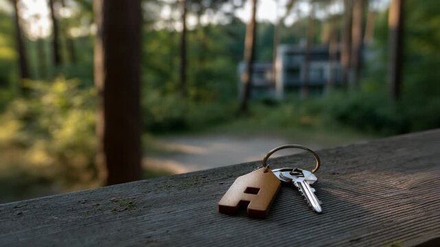 Stylish keychain with wooden tag and keys on a rustic table in a serene forest setting