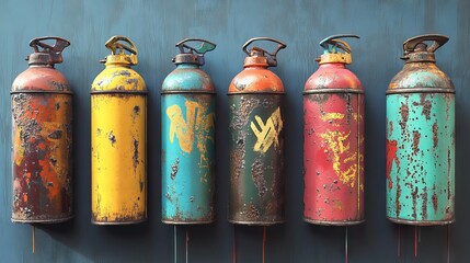Fototapeta premium Deconstructed spray paint can collection with technical details, urban street art aesthetic with authentic rust and paint drip textures, promotional flyer layout with gritty typography