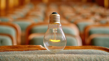 Glowing vintage light bulb on chair row symbolizing government shutdown impact on culture and energy