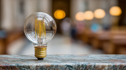 Glass light bulb on marble surface with blurred interior and warm bokeh government shutdown inspires creativity