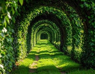 Green tunnel of vines over grass path, sunny scene