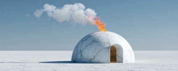Marble dome igloo with open doorway and flame spouting smoke arid landscape during government shutdown evokes surreal urgency