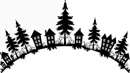 Whimsical silhouette landscape with charming houses and towering trees, perfect for fairytale designs and magical holiday themes from its vector origin