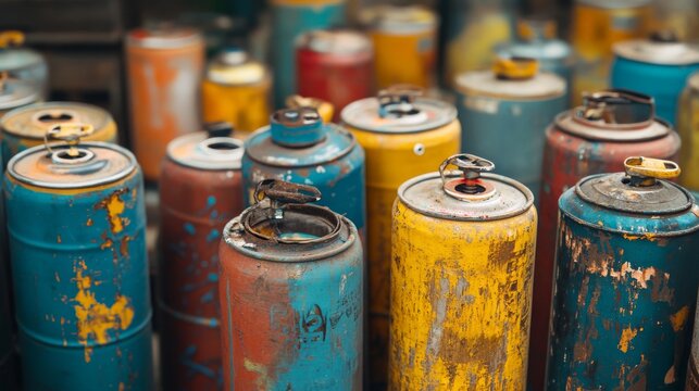 Deconstructed spray paint can collection with technical details, urban street art aesthetic with authentic rust and paint drip textures, promotional flyer layout with gritty typography