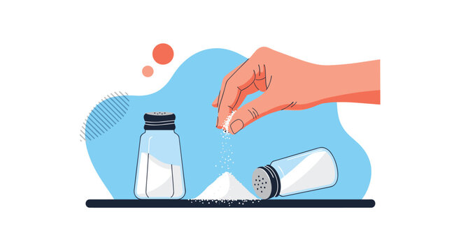 A hand sprinkles white salt onto a small pile next to a full and an empty salt shaker, against a light blue background.