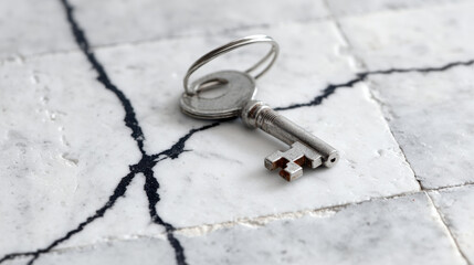 Vintage key metal key keyring marble tile close up texture government key marble tile suggesting access and possible shutdown