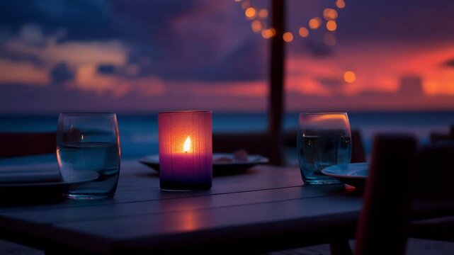 Romantic sunset dinner setting with candles and glasses at a beachside restaurant