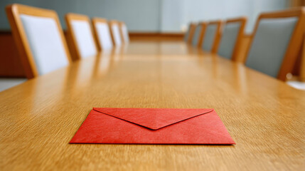 Red envelope on conference table government shutdown notice evokes tension and empty meeting room feeling