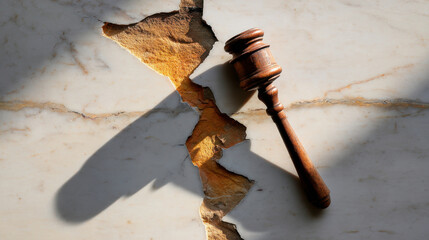 Government shutdown prompts courtroom gavel casting long shadow over cracked marble surface conveying legal crisis and tension