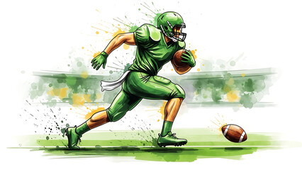 American football player running with ball watercolor style