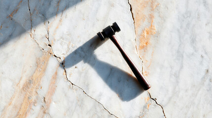 Wooden gavel casting long shadow on cracked marble surface government shutdown stark legal still life