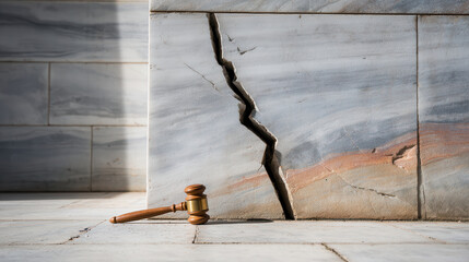 Wooden gavel cracked marble wall government shutdown courthouse symbol of legal uncertainty and consequence