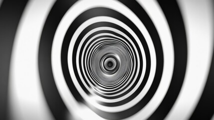 Hypnotic black and white spiral vortex with dynamic motion blur, high contrast concentric lines creating illusion of speed and depth, abstract radial pattern with kinetic energy, monochromatic tunnel
