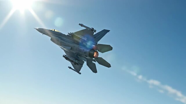 Low angle view of a fully armed f16 fighting falcon military jet aircraft flying high in a clear blue sky