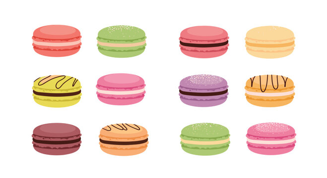 A delightful selection of vibrant and delicious French macarons in various colors and designs, perfect for sweet dessert concepts.