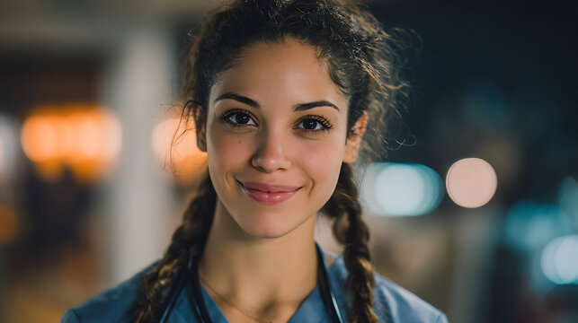 professional young hispanic nurse standing in hospital uniform with medical blurred background showing patient care healthcare worker clinical staff and professional nurse