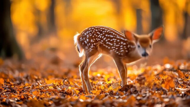 Spotted fawn grazing in a forest with autumn leaves on ground