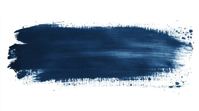 Expressive deep blue brush mark with coarse grainy texture, hand-painted stroke with spray-like speckling effect, vintage banner with deliberately damaged edges, bold artistic design element