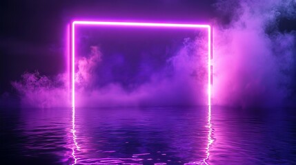 Glowing purple neon rectangular frame floating above reflective water surface, vibrant electronic light with smoky atmospheric effect, futuristic portal with bright flares and magical sparkles,
