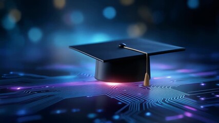 Graduation cap on digital circuit background symbolizing education and technology advancements