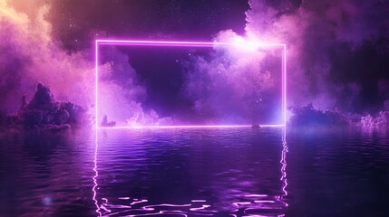 Glowing purple neon rectangular frame floating above reflective water surface, vibrant electronic light with smoky atmospheric effect, futuristic portal with bright flares and magical sparkles,