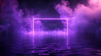 Ethereal neon rectangle border hovering over dark rippling water, mystical purple light piercing through soft smoke clouds, ultraviolet luminous frame with light particles and sparkles, otherworldly